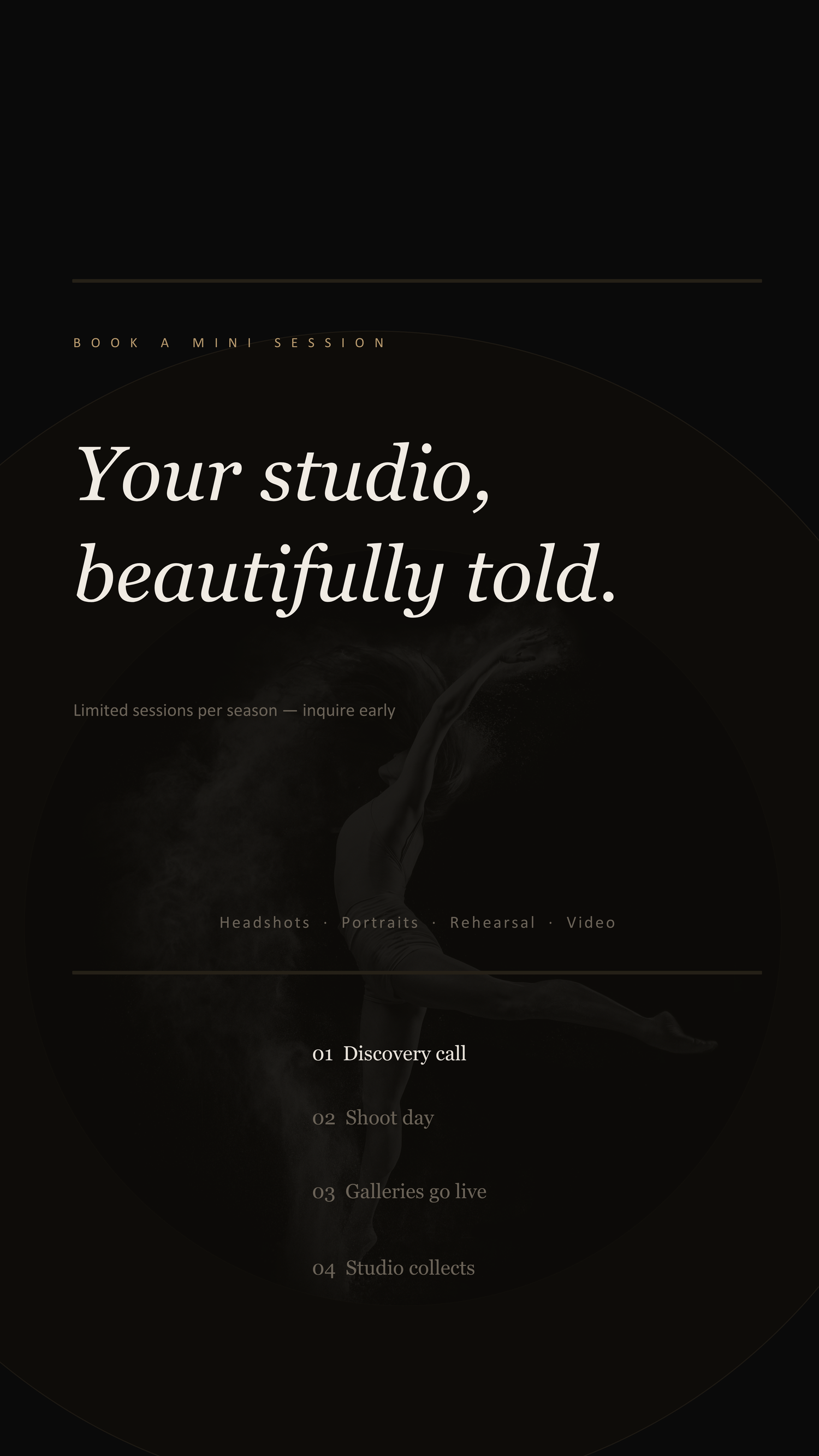 Dark elegant studio photography booking promo with serif text, smoke backdrop, and 4-step process guide.