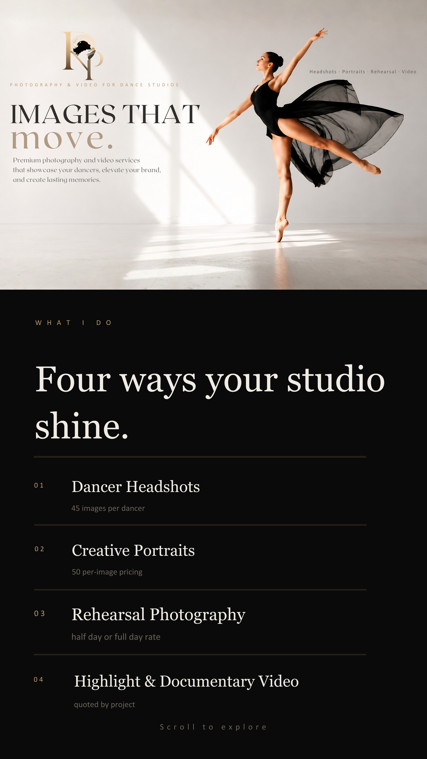 A ballet dancer in a black dress elegantly poses on pointe in a sunlit studio, showcasing grace and movement.