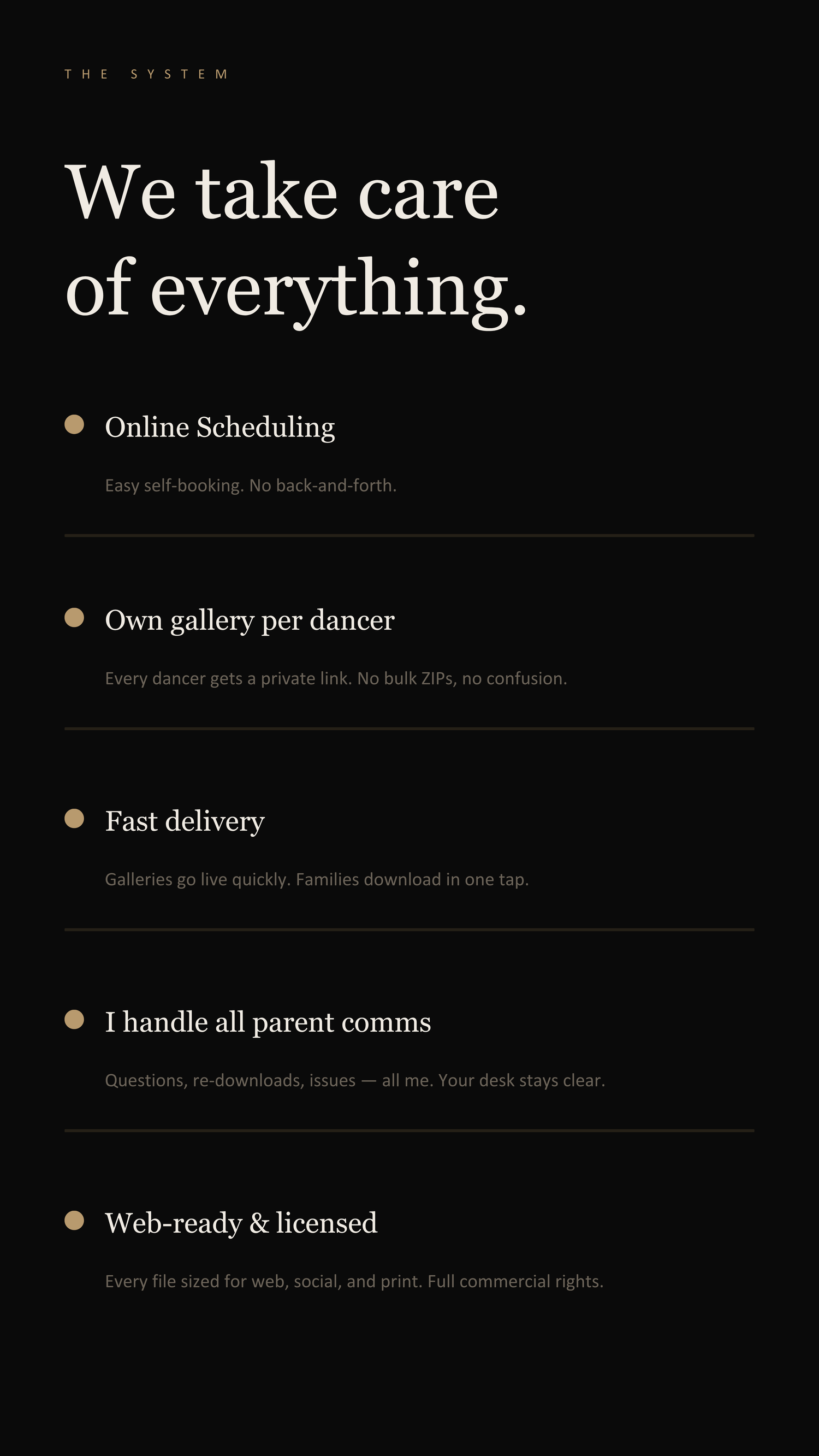 Dark-themed webpage listing photography business features: online scheduling, dancer galleries, fast delivery, parent comms, and licensed im