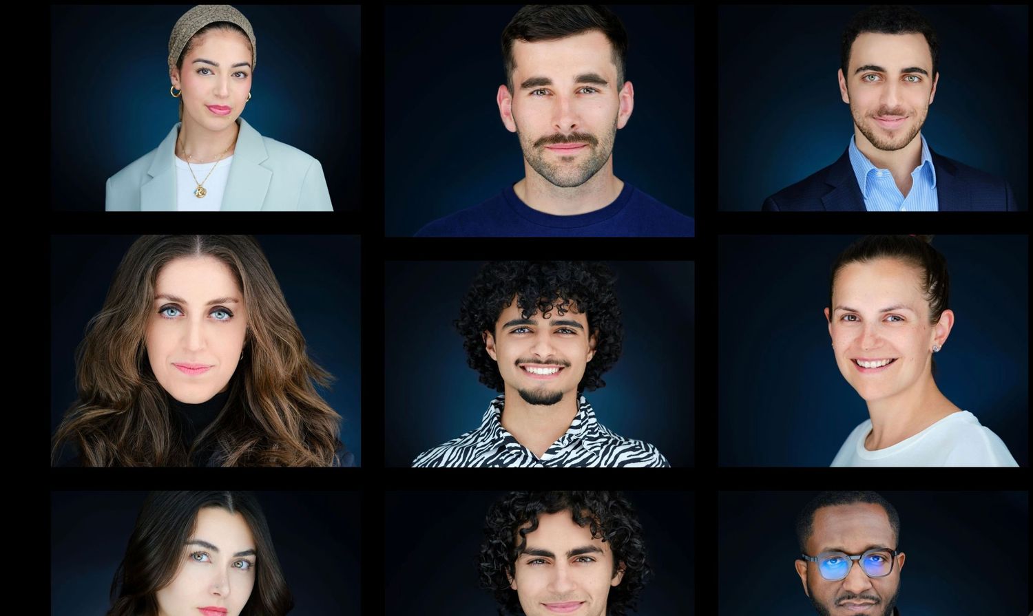 Professional actor headshots of nine diverse performers arranged in a 3x3 grid format.