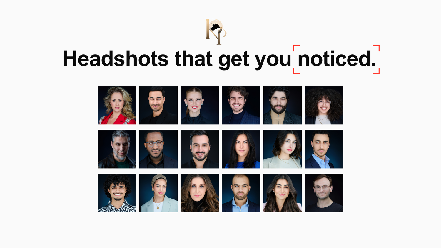 A collage of diverse professional headshots with the tagline Headshots that get you noticed on a white background.