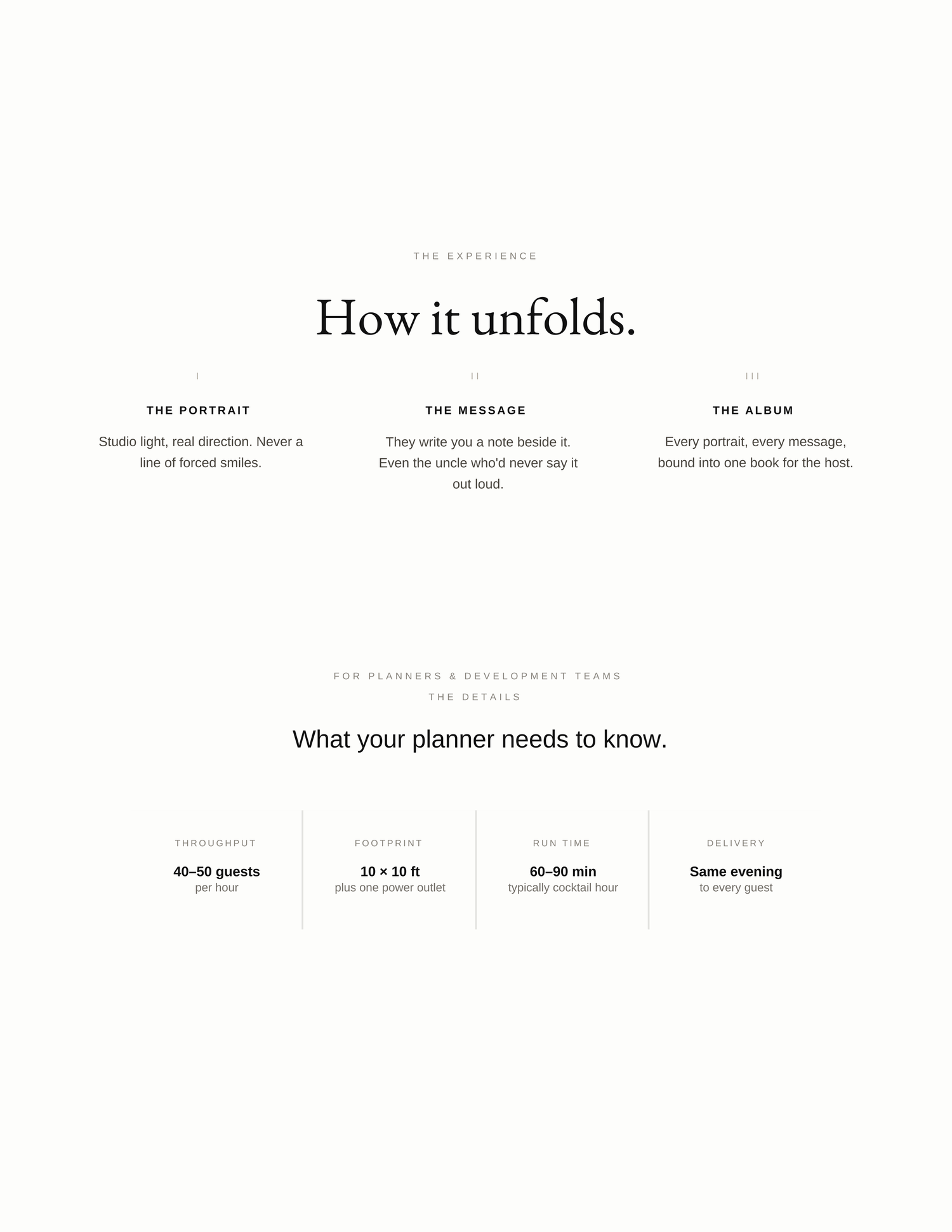 A minimalist wedding photography service webpage explaining the portrait, message, and album experience with planner details.