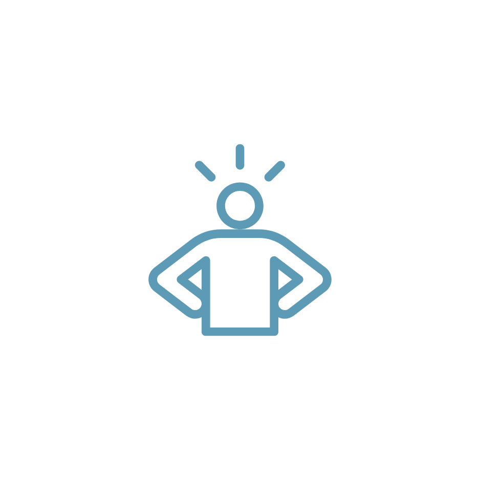 A blue outline icon of a confident person with hands on hips and rays above head.