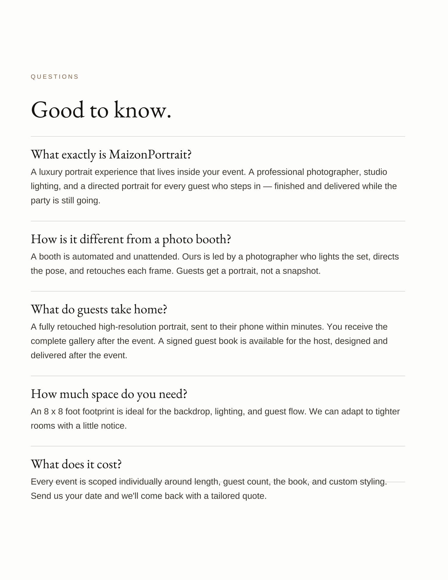 FAQ page for MaizonPortrait luxury portrait photography service answering common questions about cost, space, and guest experience.