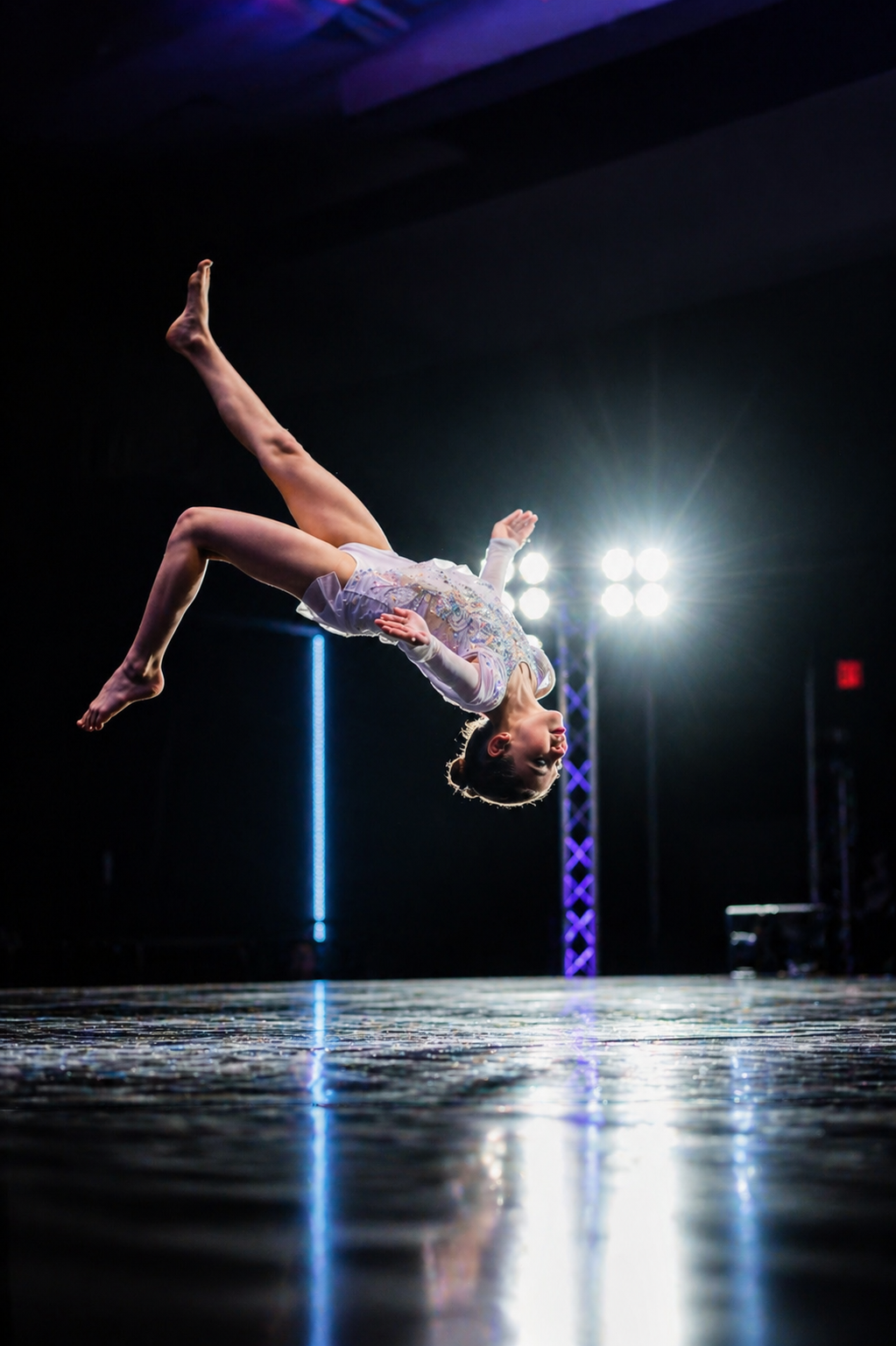 A gymnast performs a dramatic back layout in mid-air on a dark stage illuminated by bright spotlights.