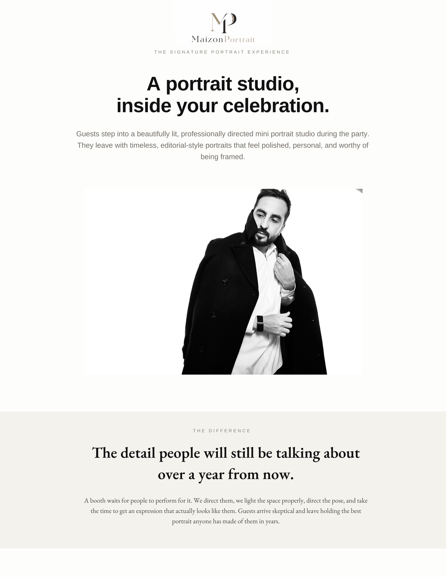A man in a black coat poses confidently against a white background for a professional portrait studio experience.