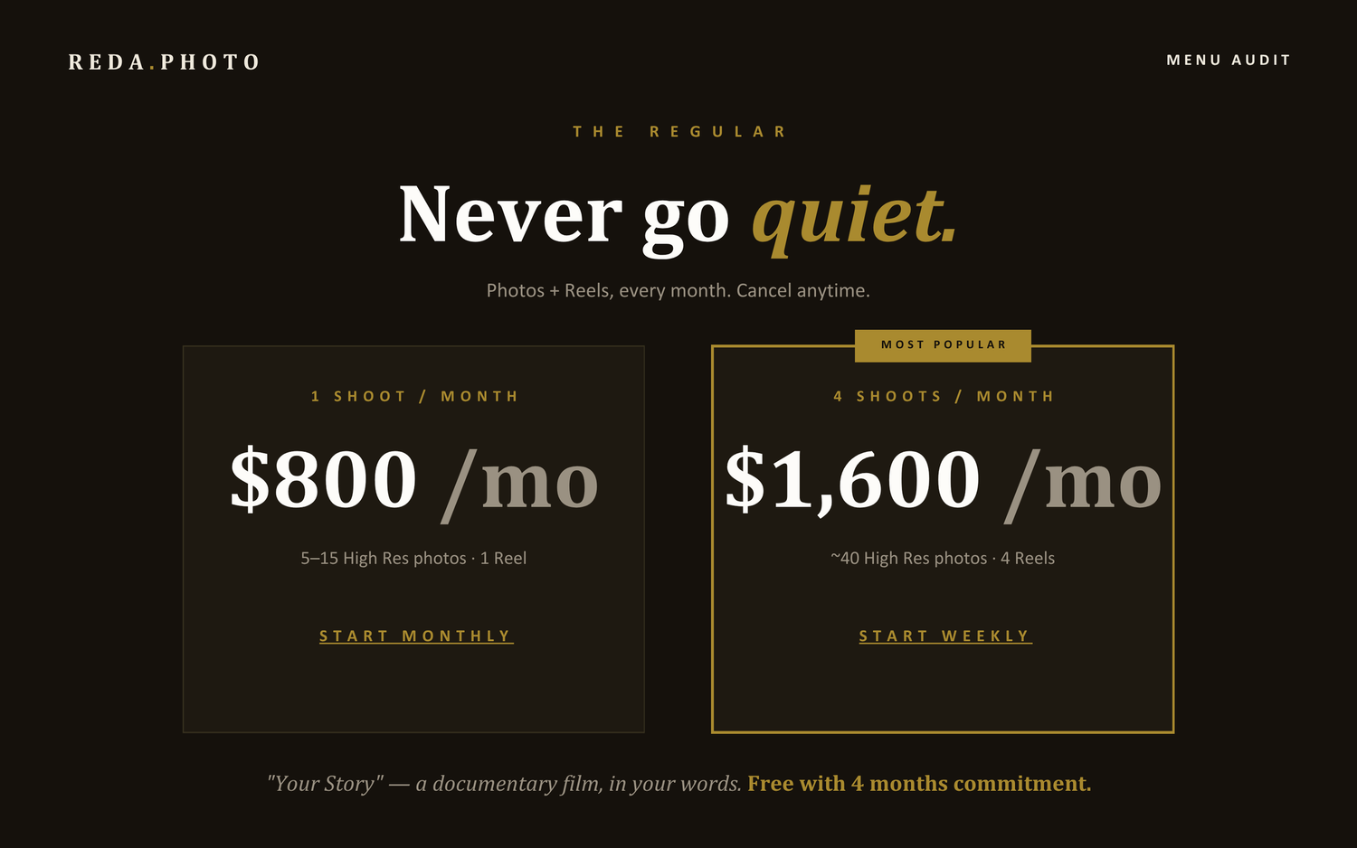 REDA.PHOTO pricing page showing two subscription plans: $800/mo for 1 shoot and $1,600/mo for 4 shoots monthly.