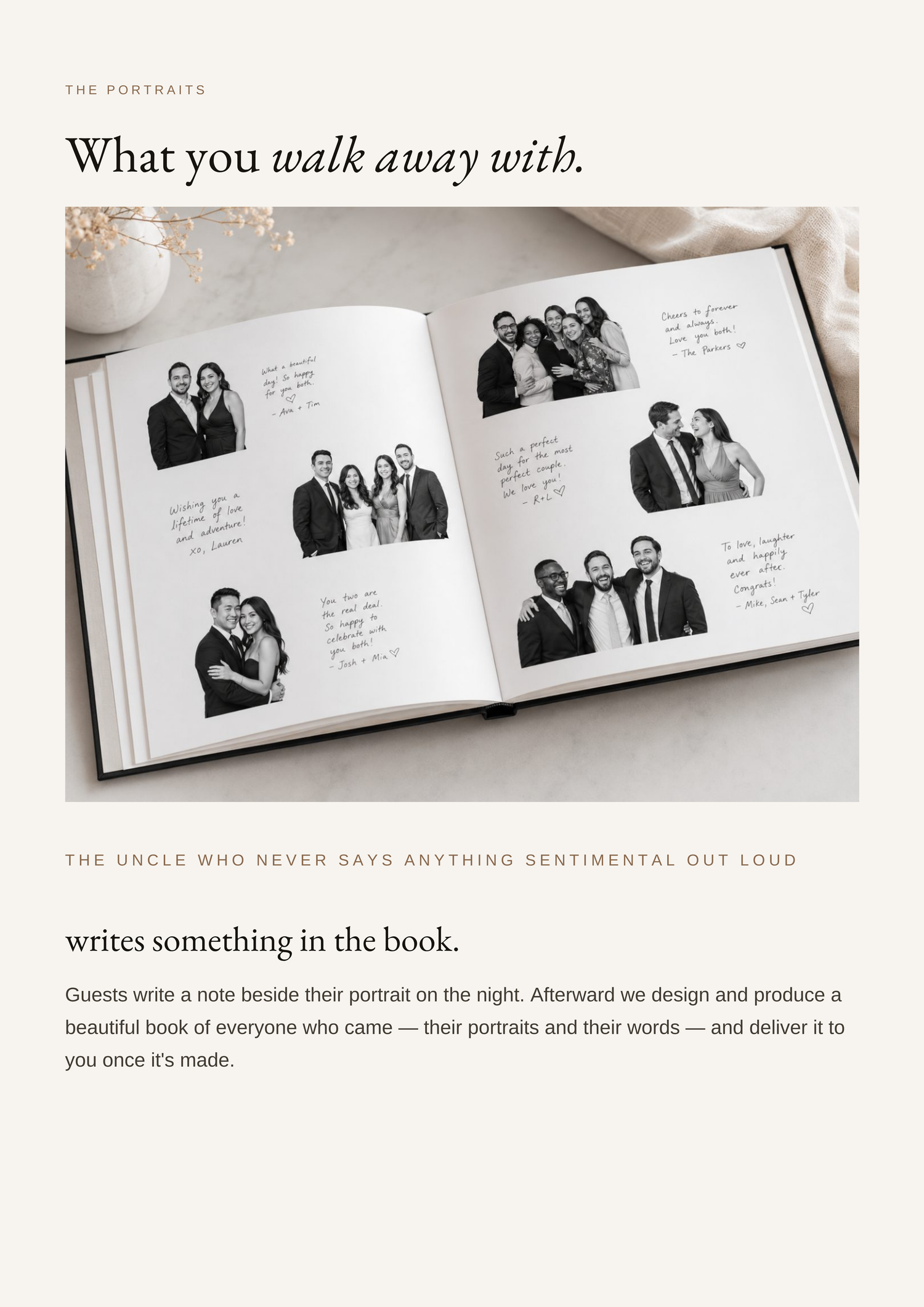 Open wedding guest book displaying black and white photo booth portraits with handwritten notes beside each couple and group photo.