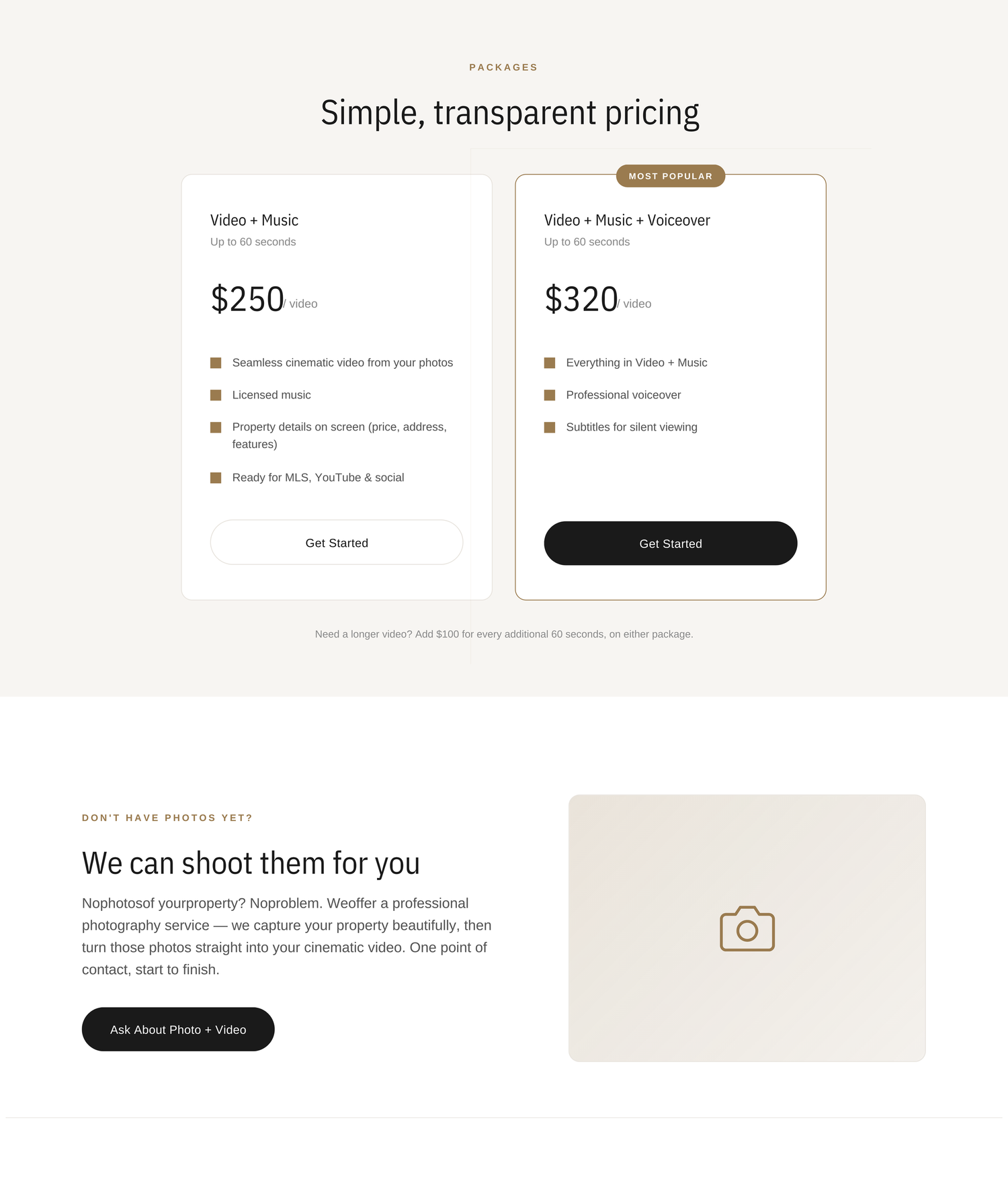Simple transparent pricing page showing two video packages at $250 and $320 with a photography service section below.