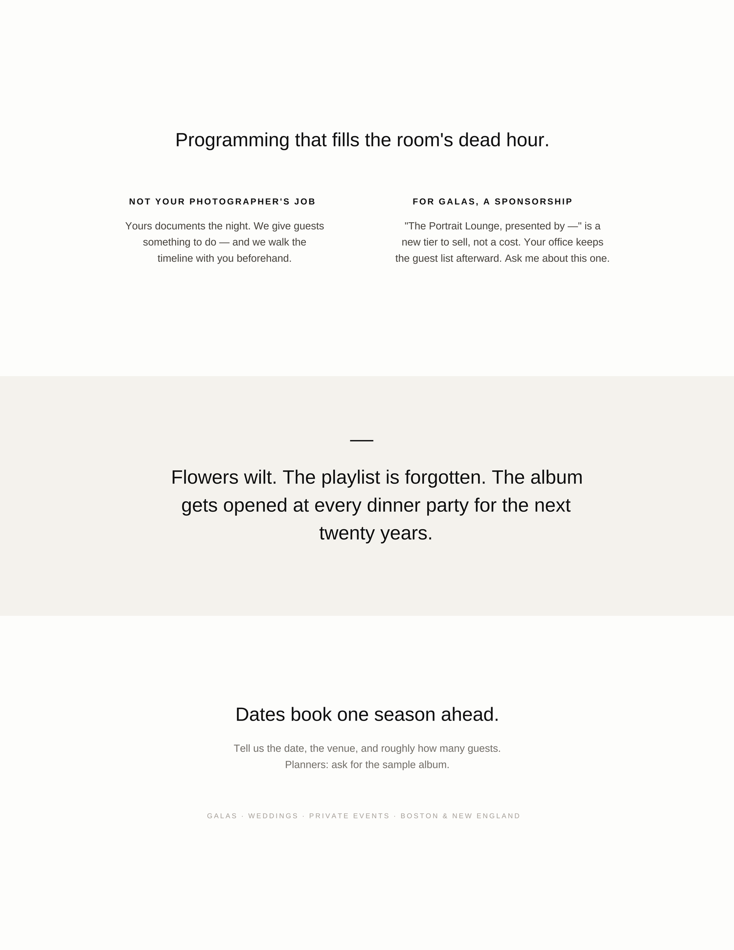 Wedding photography service webpage highlighting programming, flowers, playlists, albums, and date booking for galas and events.