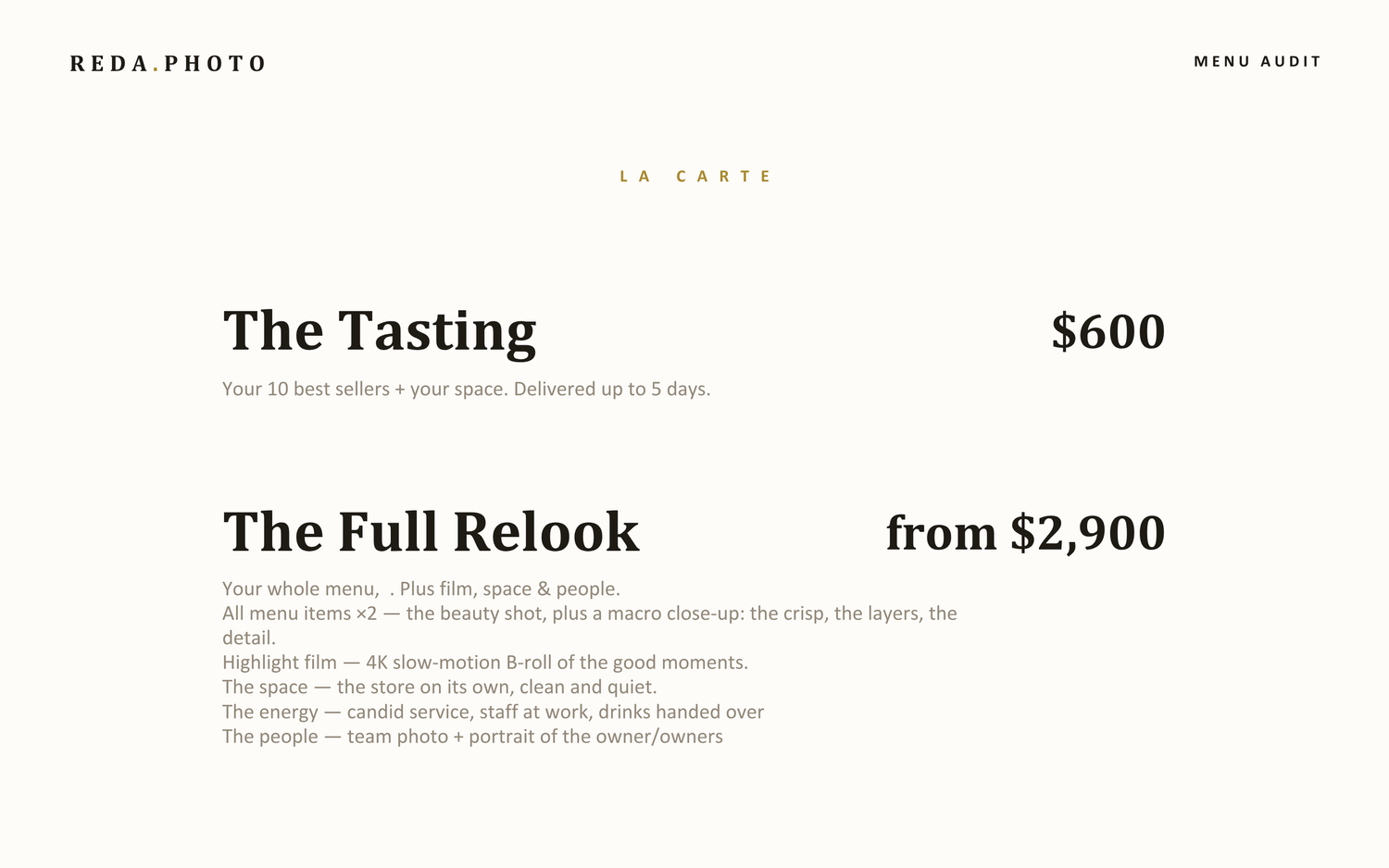 Reda Photo pricing page showing The Tasting at $600 and The Full Relook from $2,900 packages.