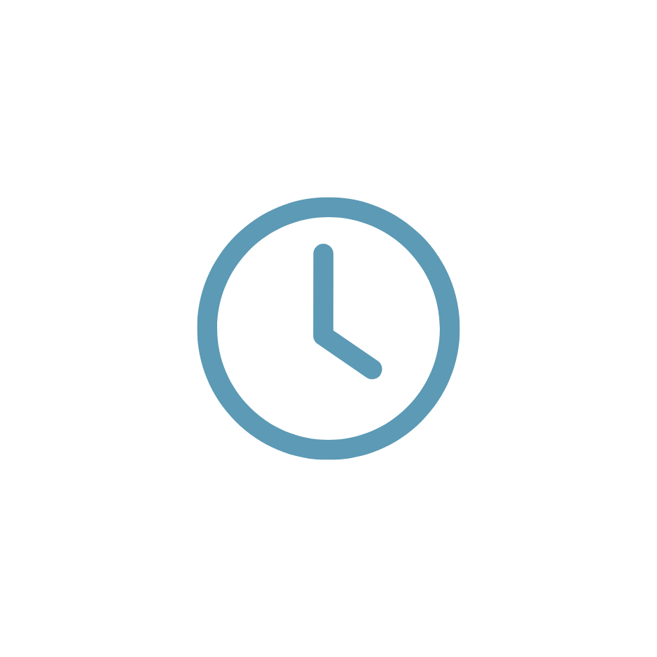 A minimalist clock icon in steel blue outline style on a white background.