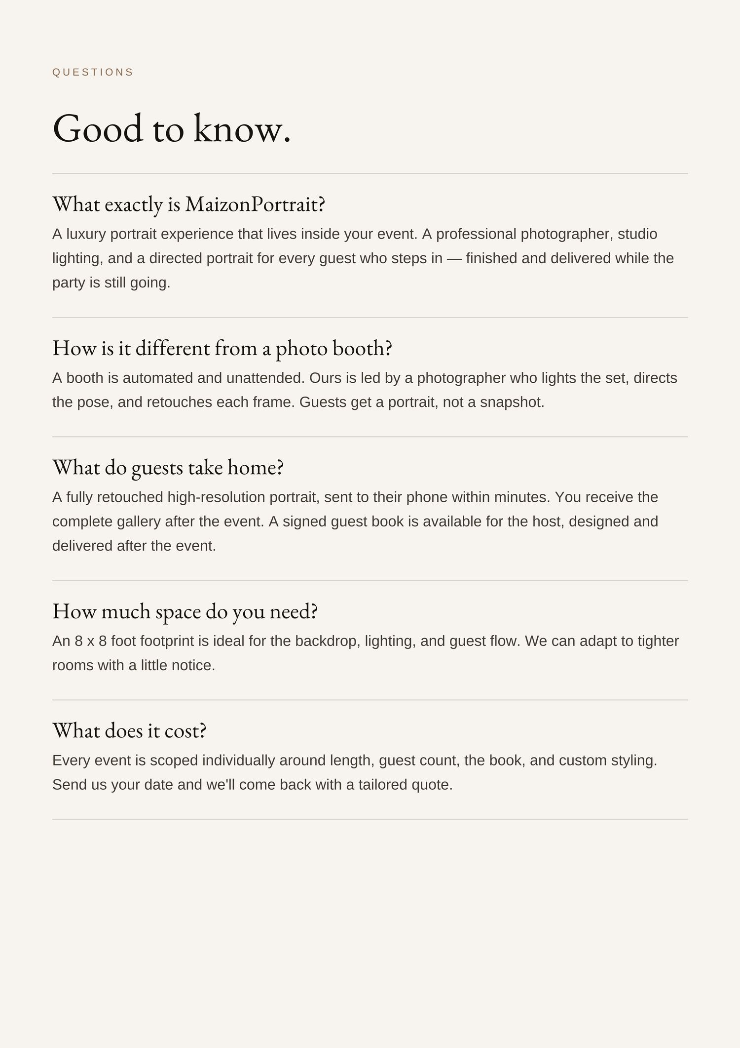 FAQ page for MaizonPortrait luxury event portrait service answering questions about cost, space, and guest experience.