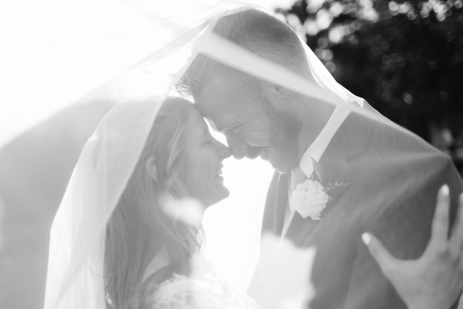 A black and white wedding photograph shows a couple sharing a romantic kiss under a veil.