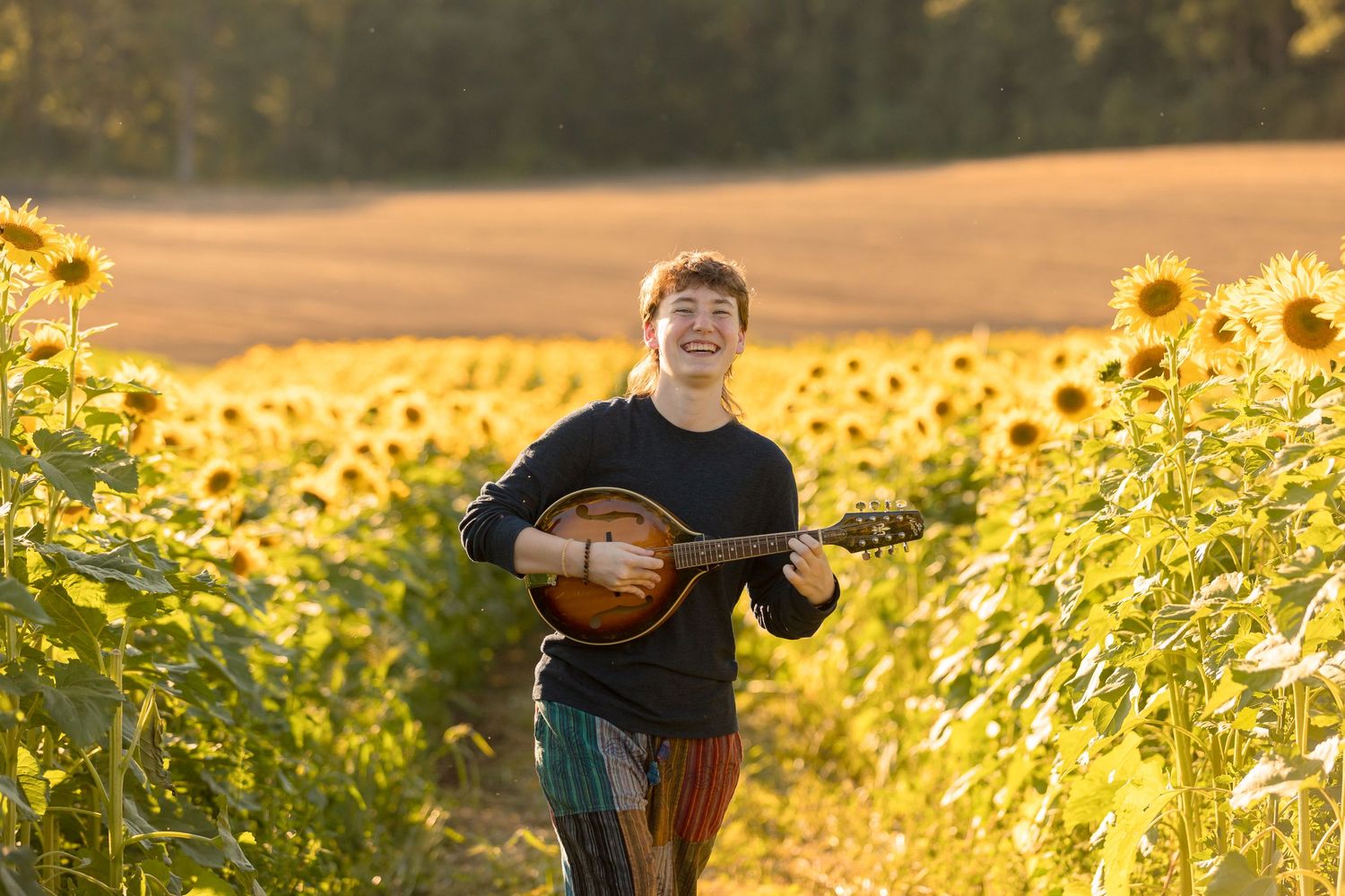 Musician playing cello in a sunlit field of sunflowers during golden hour.