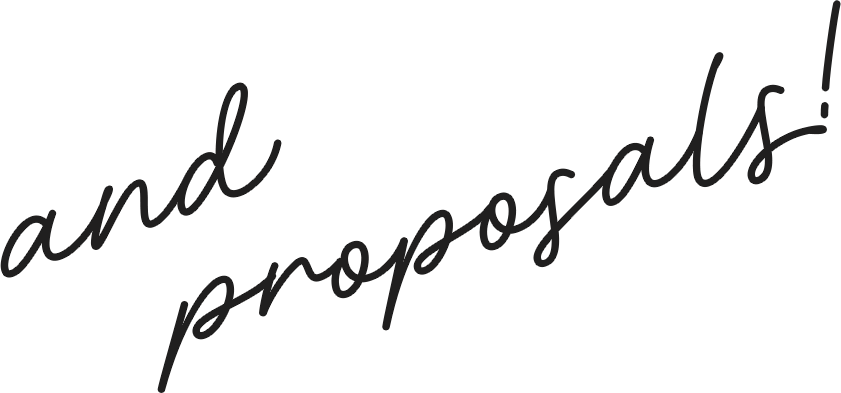 Cursive handwriting displaying the text 'and proposals!' in black ink.