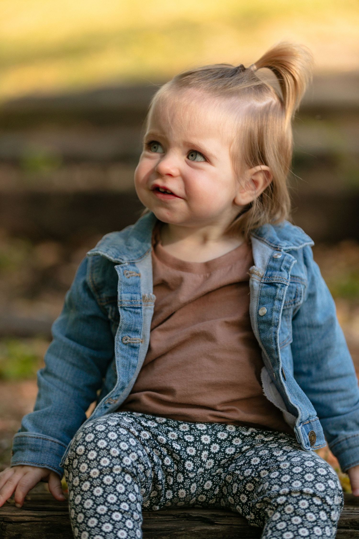 A toddler in a denim jacket and patterned pants sits on a log in an autumn setting.