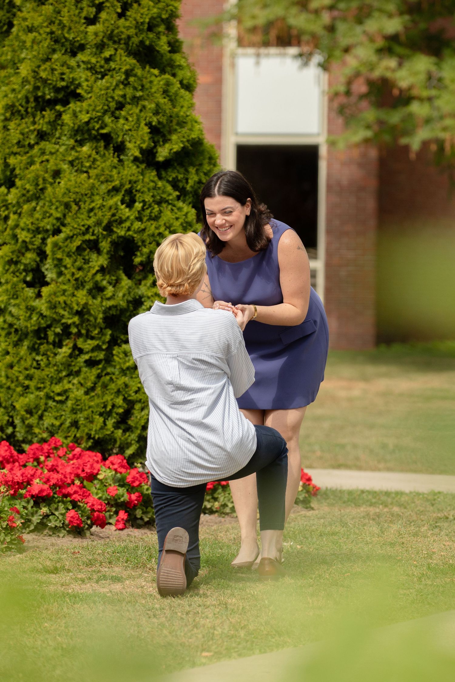A romantic proposal moment captured in a garden with red flowers.