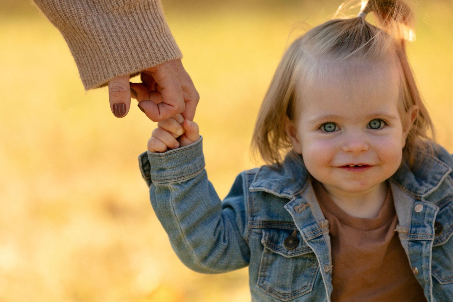 A close-up of a small hand holding an adult's hand against a golden sunset background.