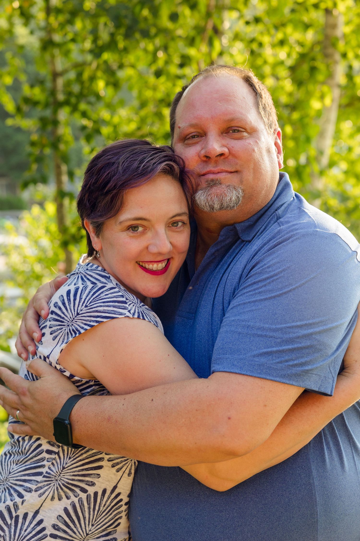 Couple embracing and smiling in a series of candid outdoor photos.