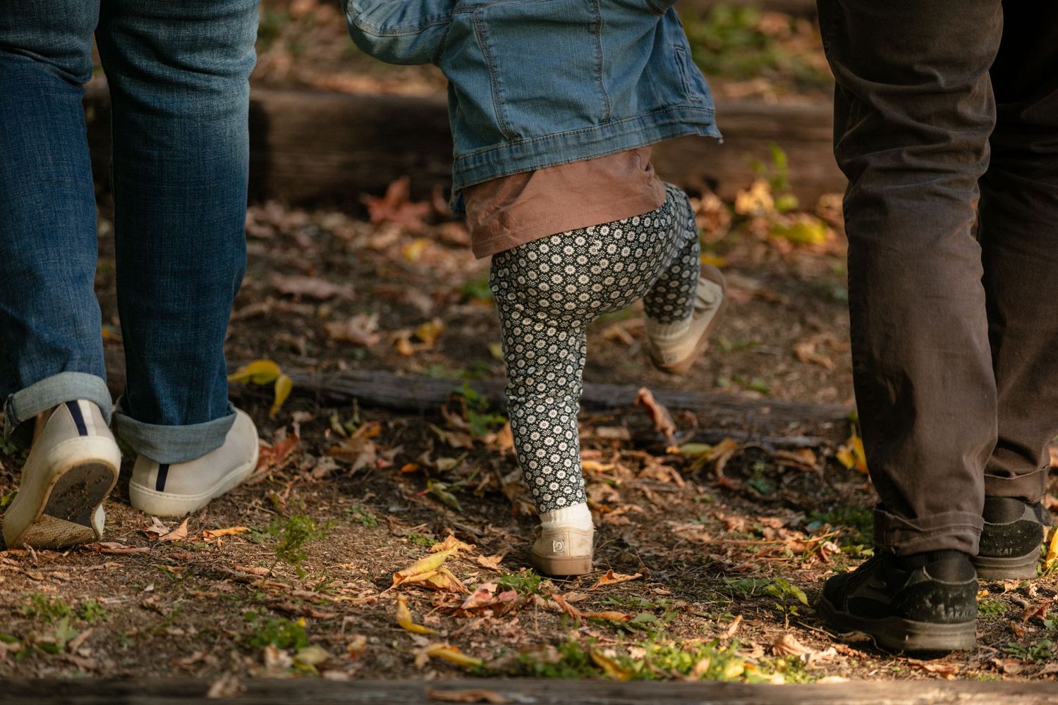 Close-up of feet and legs sitting on ground covered in fallen autumn leaves.