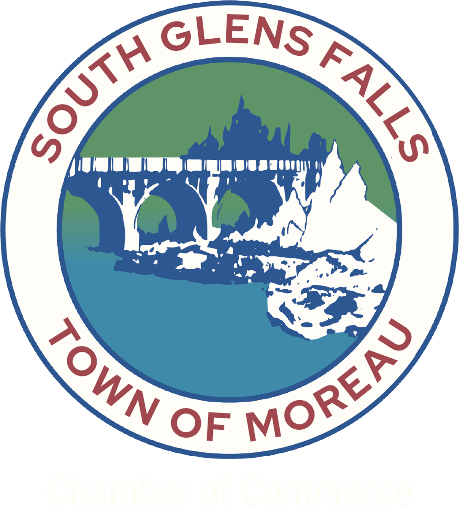 Official seal of South Glens Falls, Town of Moreau, featuring a bridge over a river with rocky shores.