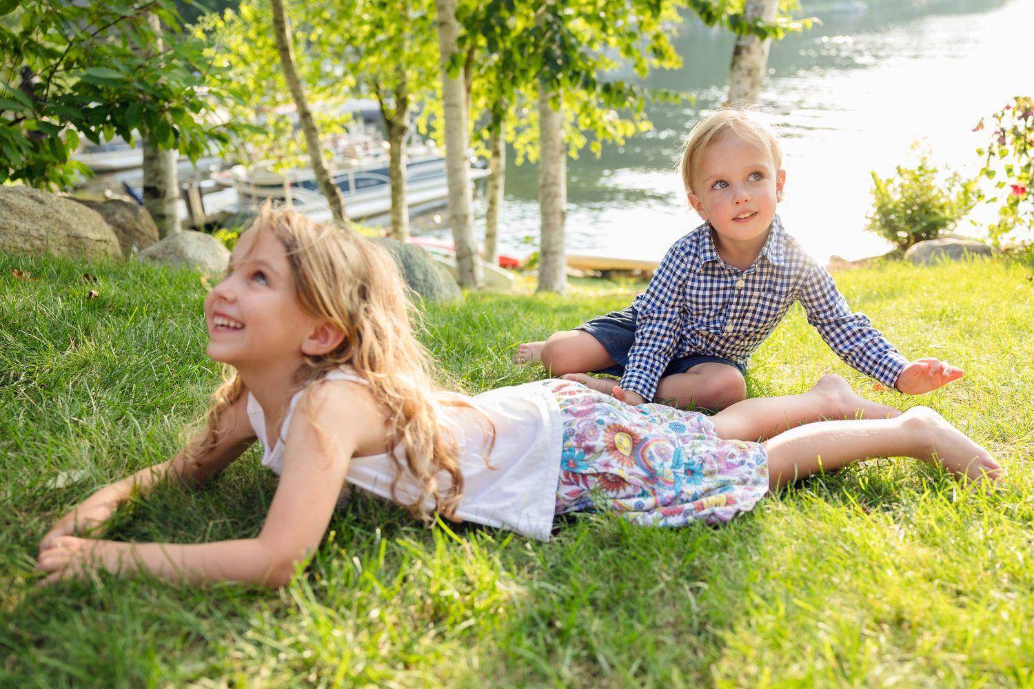 A playful summer scene on a grassy hillside near a lake with birch trees in the background.