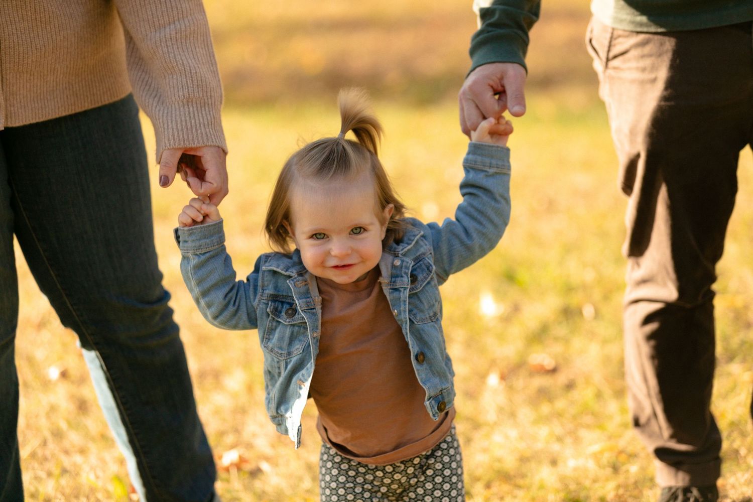 A toddler walks while holding hands with adults in golden autumn light.