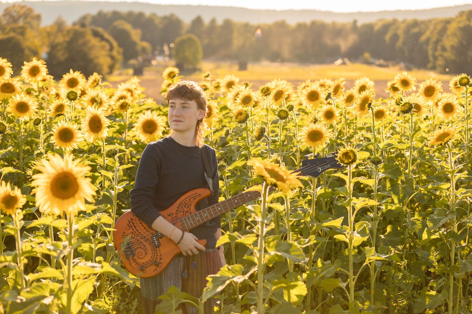 Musician with instrument among vibrant sunflower field at golden hour.