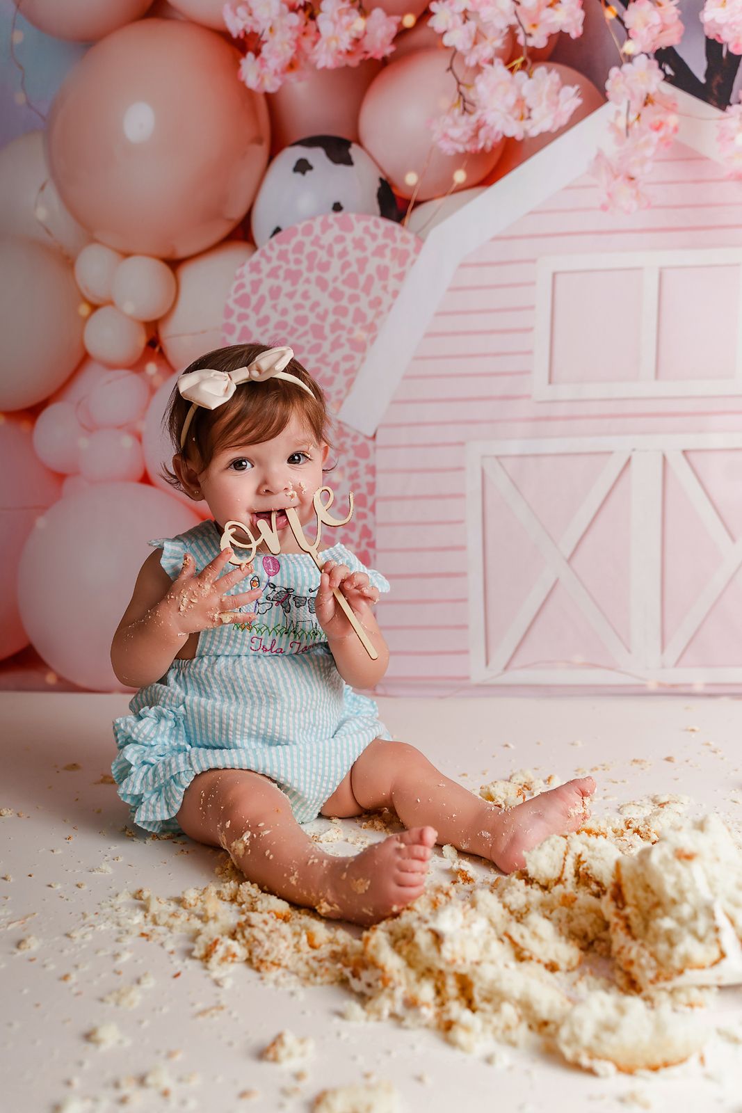 Little girl holding up a ONE sign with her demolished cake beside her during a farm girl pink and cow print Lexington SC Cake Smash Session.