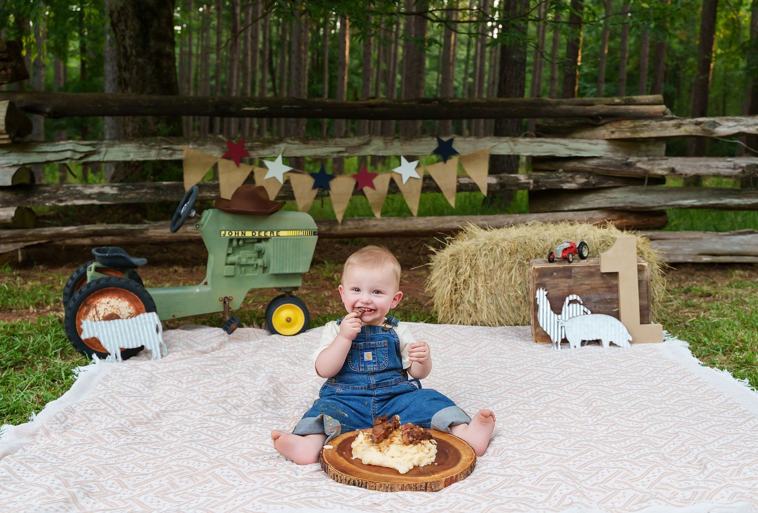 Country boy outdoors steak smash 1st Birthday Portrait Session in Little Mountain SC.