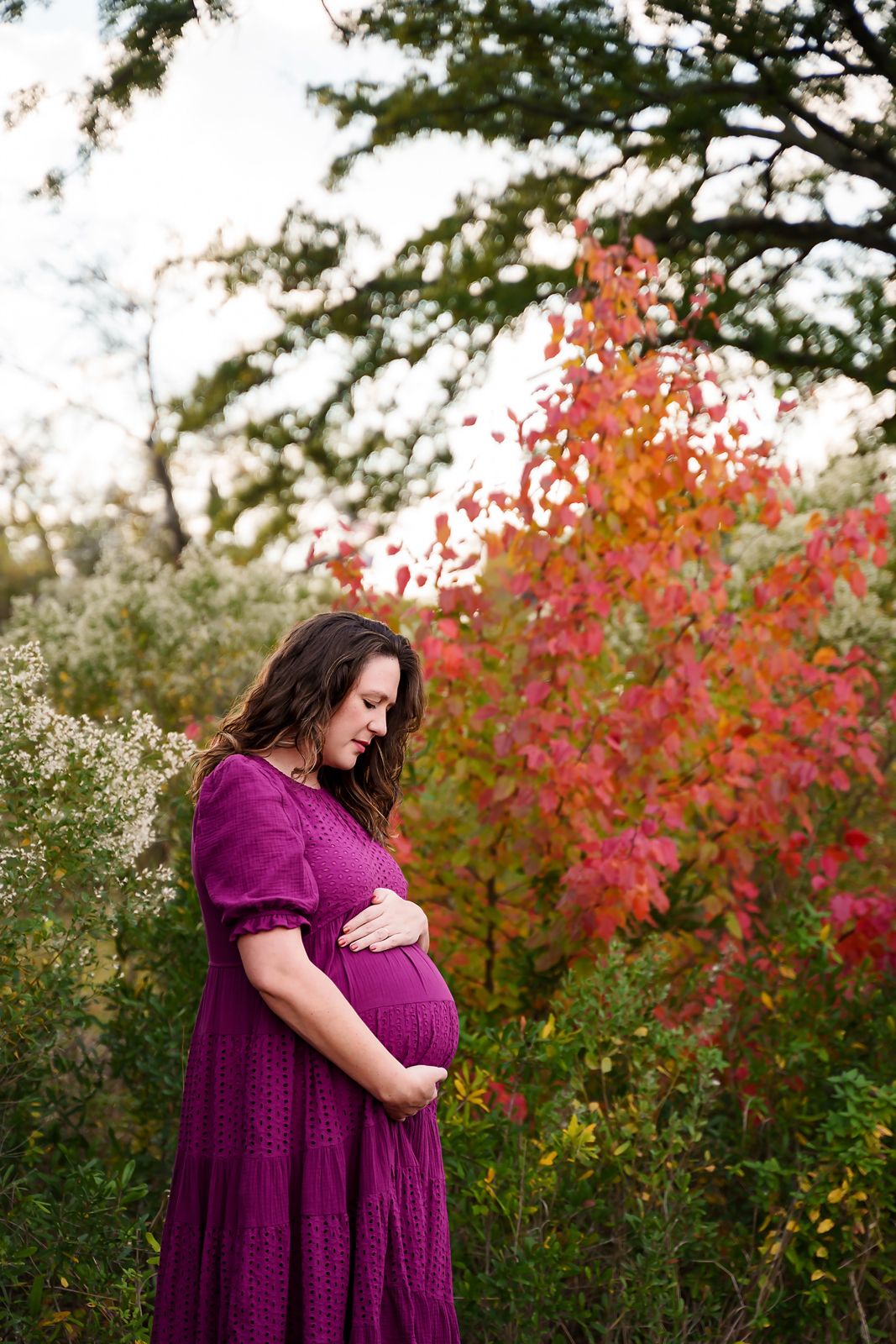 Mom to be cradling her belly in front of a pretty fall tree setting during a Columbia SC Maternity Portrait Session.