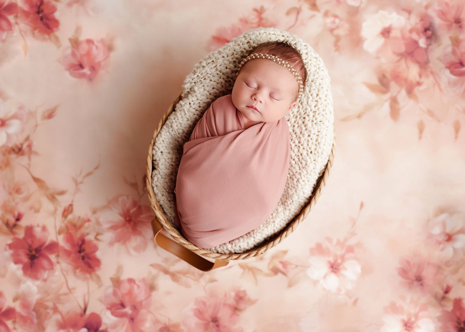 Baby girl swaddled in a pink wrap and in a basket on a floral backdrop during a Lexington SC Studio Newborn Portrait Session.