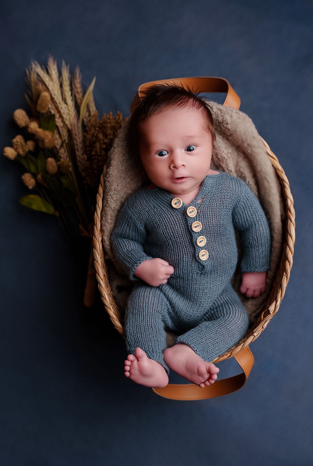Cute image of newborn baby boy in a basket featuring deep blue and wheat colored tones during a Chapin SC Studio Newborn Portrait Session.