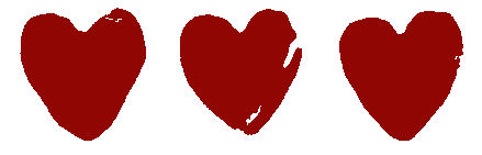 Three dark red hand-painted heart shapes in a row on white background, Valentine's Day design.