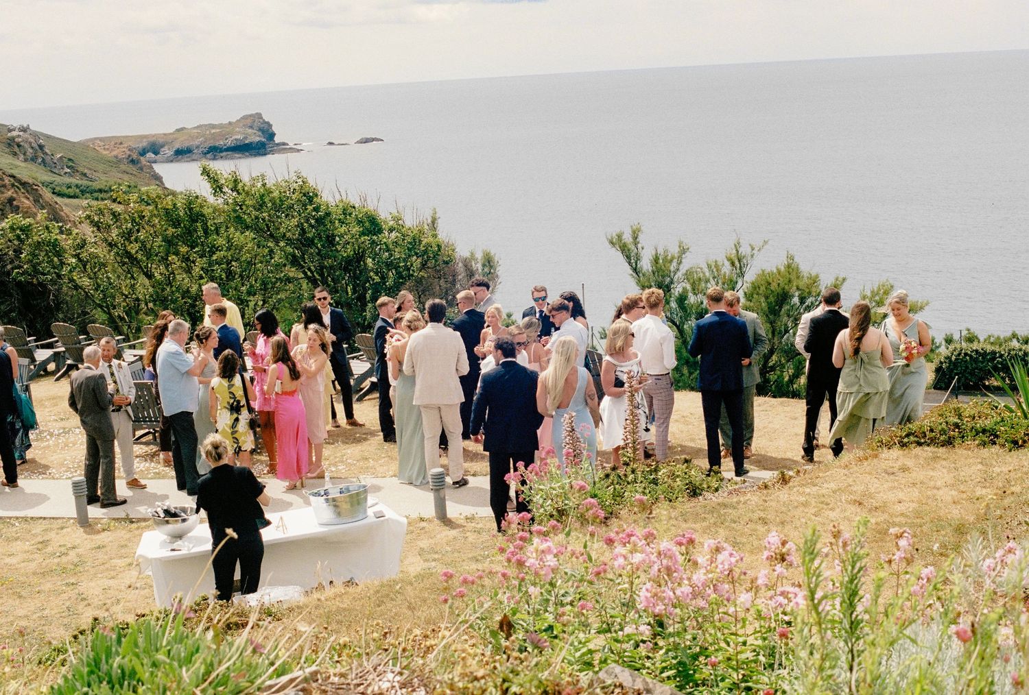 Outdoor wedding reception on a coastal cliff with guests mingling, ocean views, and wildflowers in the foreground.