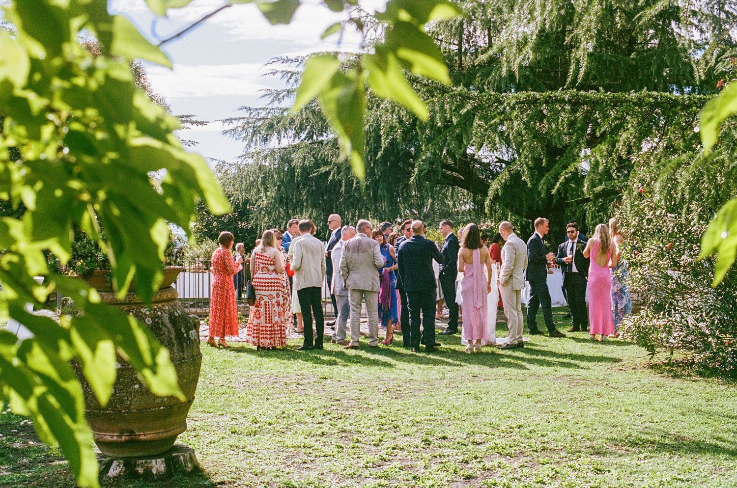 Wedding guests mingling outdoors on a lush green lawn surrounded by trees at a garden wedding reception.