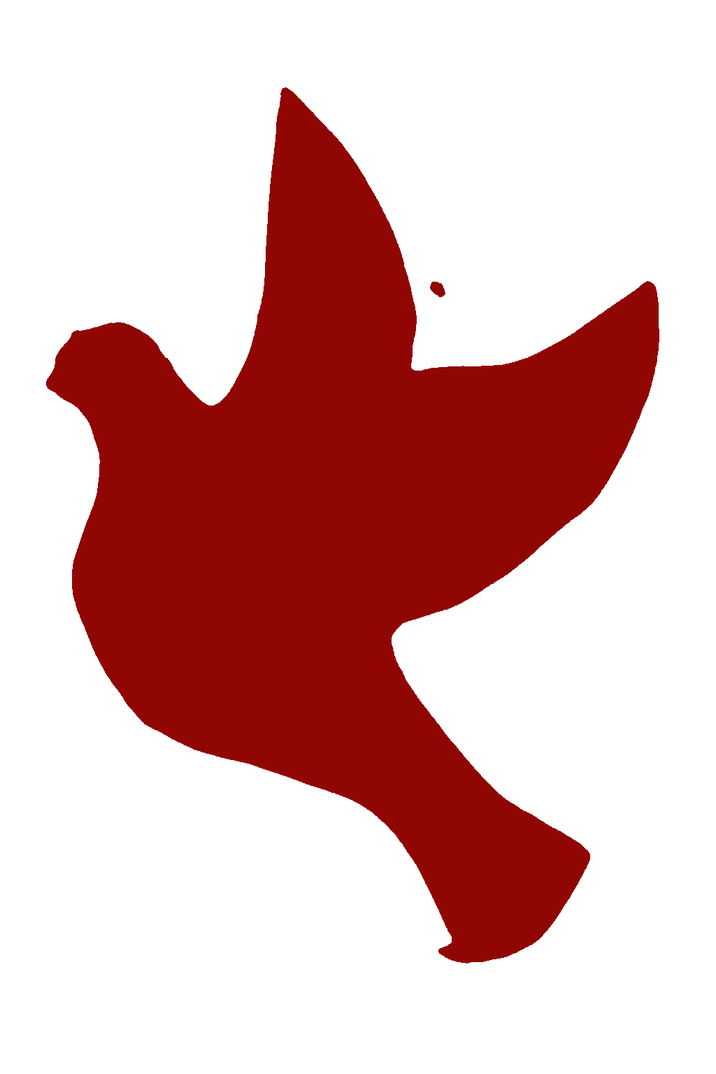 Dark red silhouette of a flying dove on white background, peace and freedom symbol graphic.