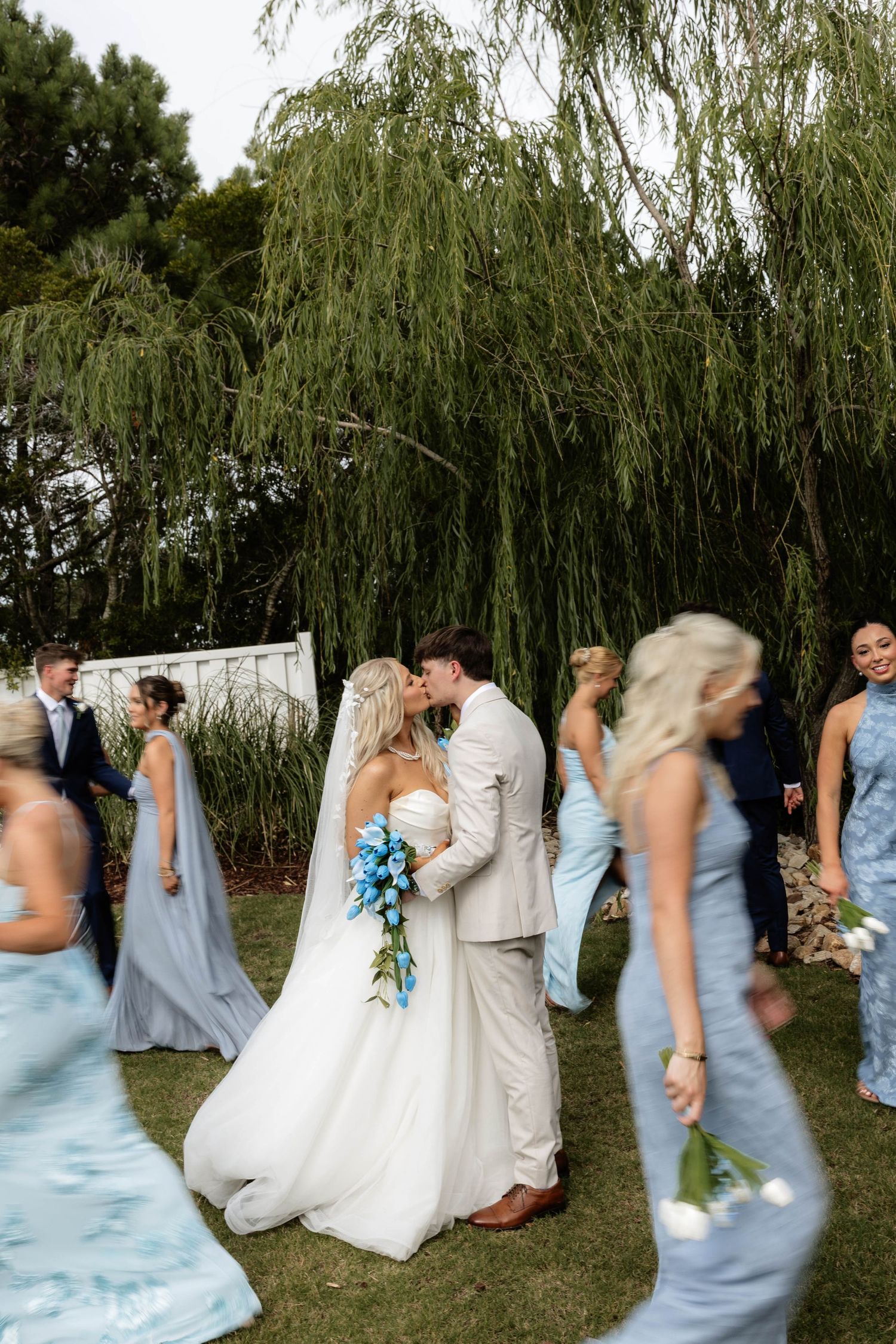 Bride and groom share a kiss surrounded by bridesmaids in blue gowns under a weeping willow tree.