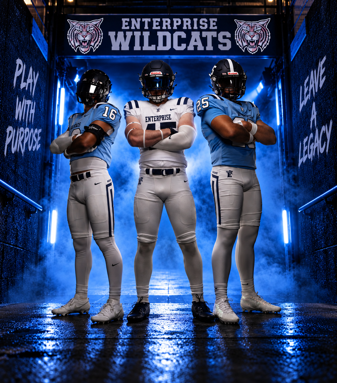 Three Enterprise Wildcats football players in blue and white uniforms pose dramatically in a tunnel with motivational phrases.