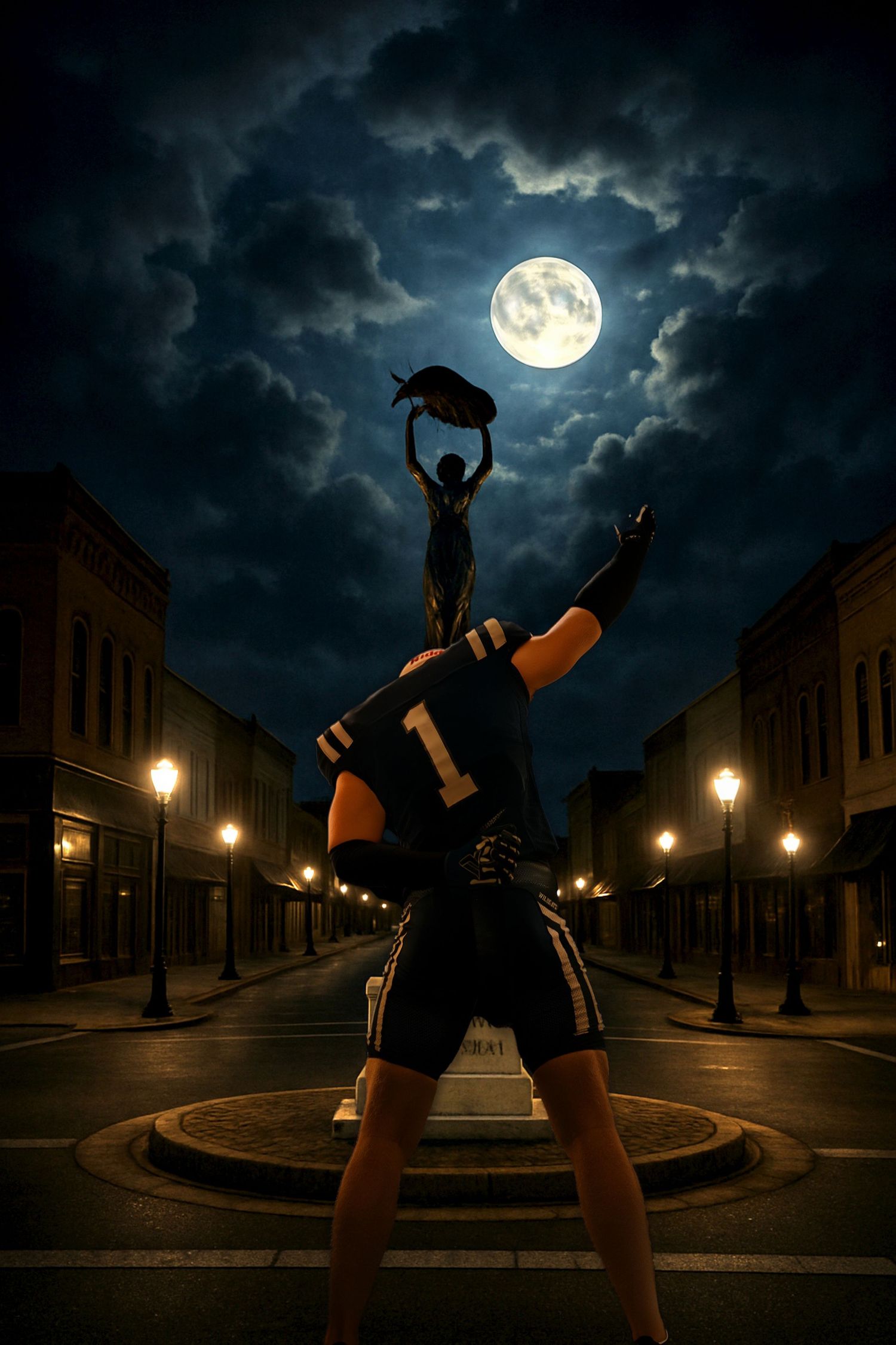 Dramatic nighttime scene with full moon and silhouetted figures in urban setting.