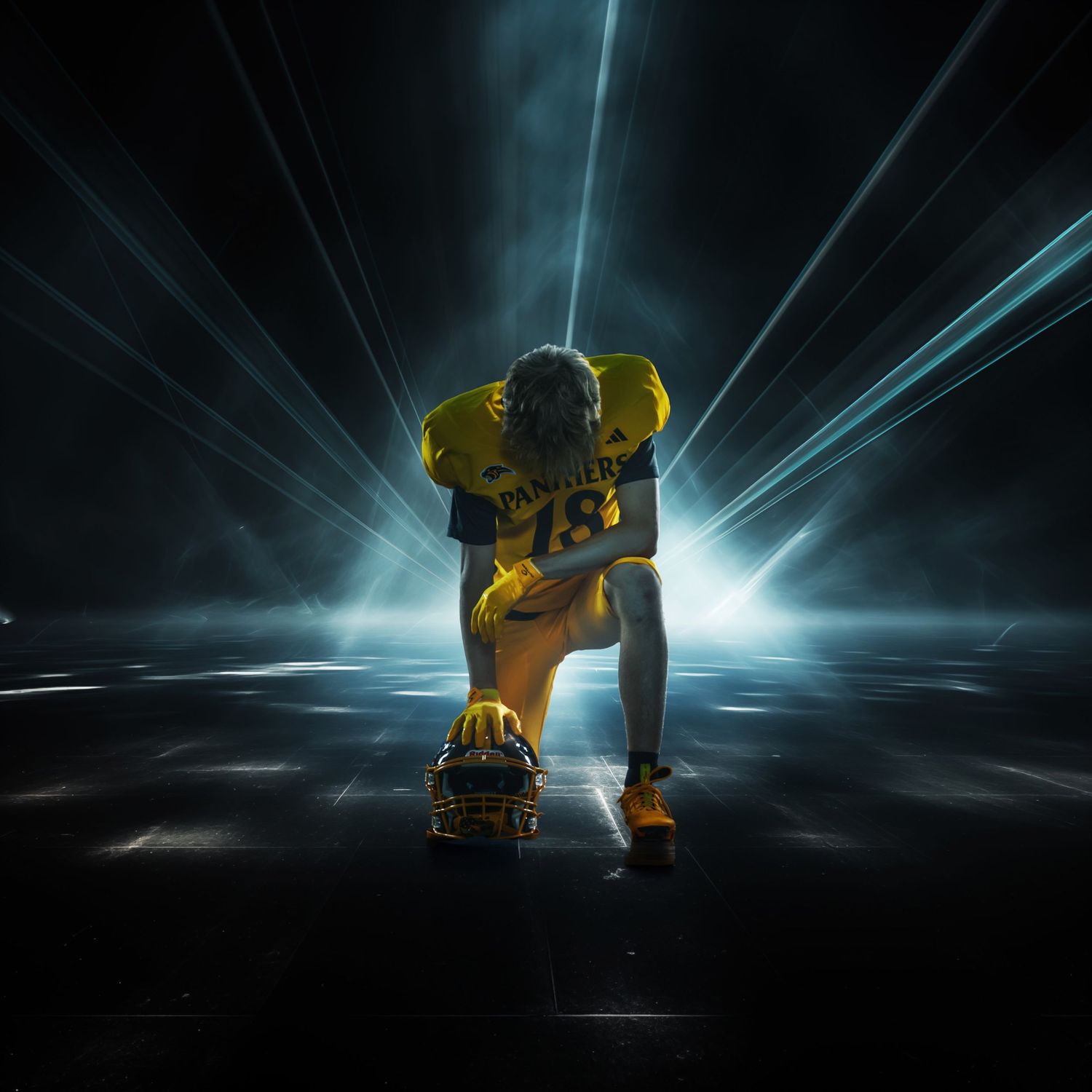Dramatic silhouette of football player in yellow uniform against blue light beams.