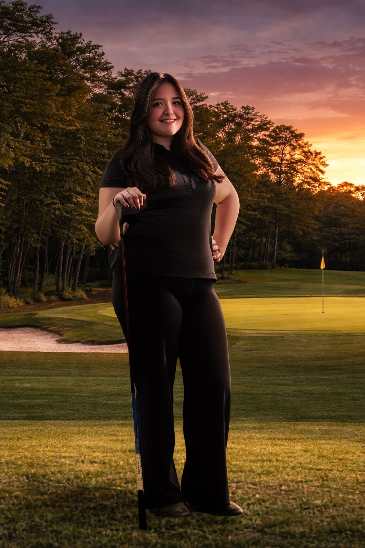 Two figures standing together on a golf course during a vibrant sunset with trees in the background.