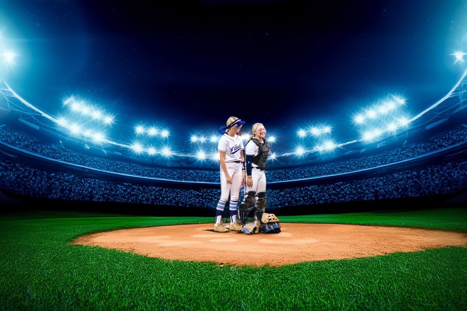Two baseball players stand on the pitcher's mound under bright stadium lights at night.