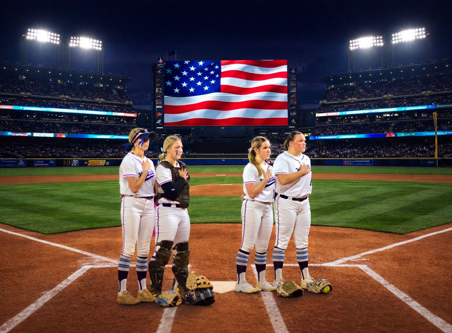 Four female softball players stand at home plate in a stadium with an American flag displayed on the scoreboard.