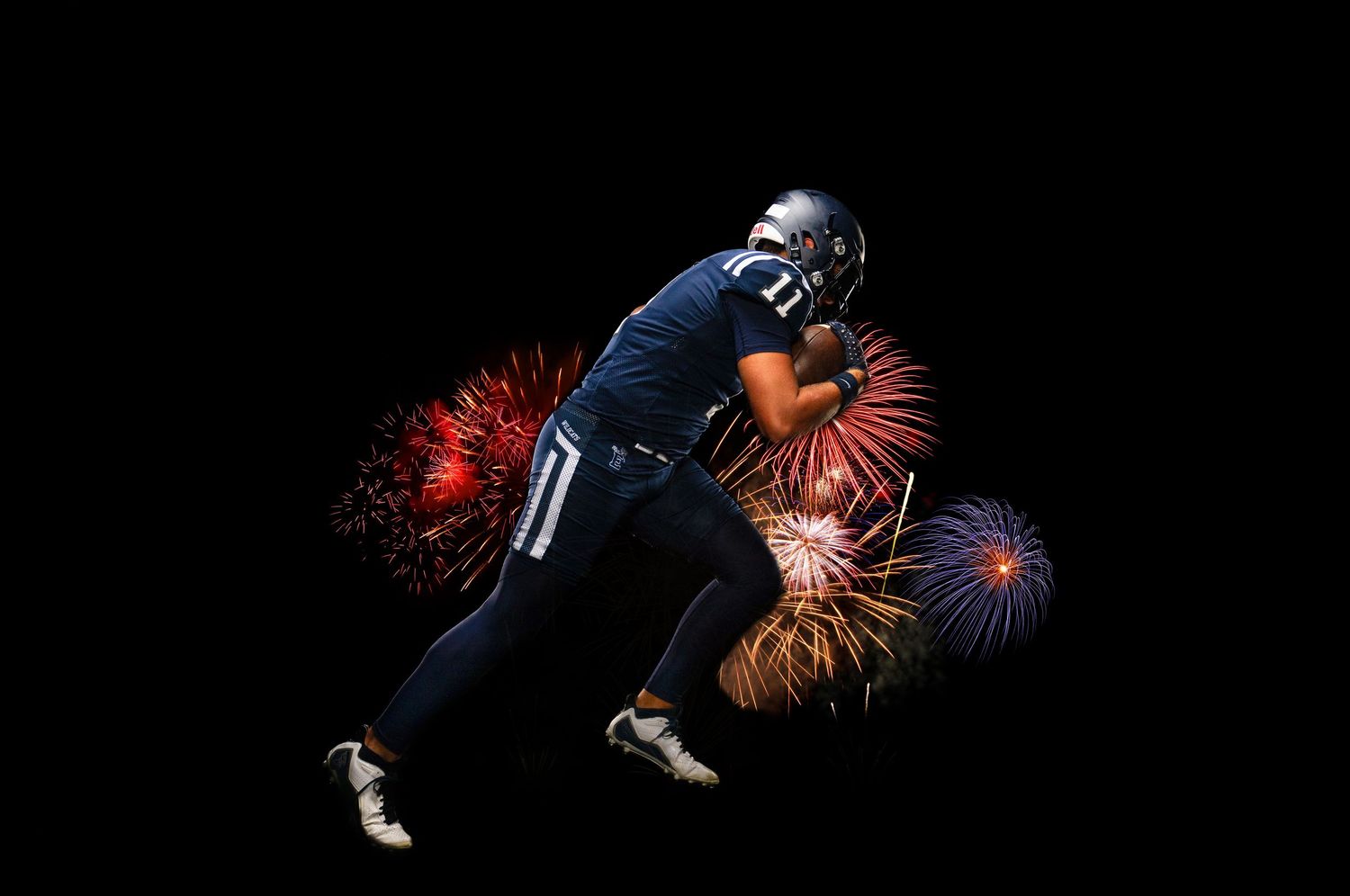 Football player in dark uniform running with ball amid colorful fireworks on black background.
