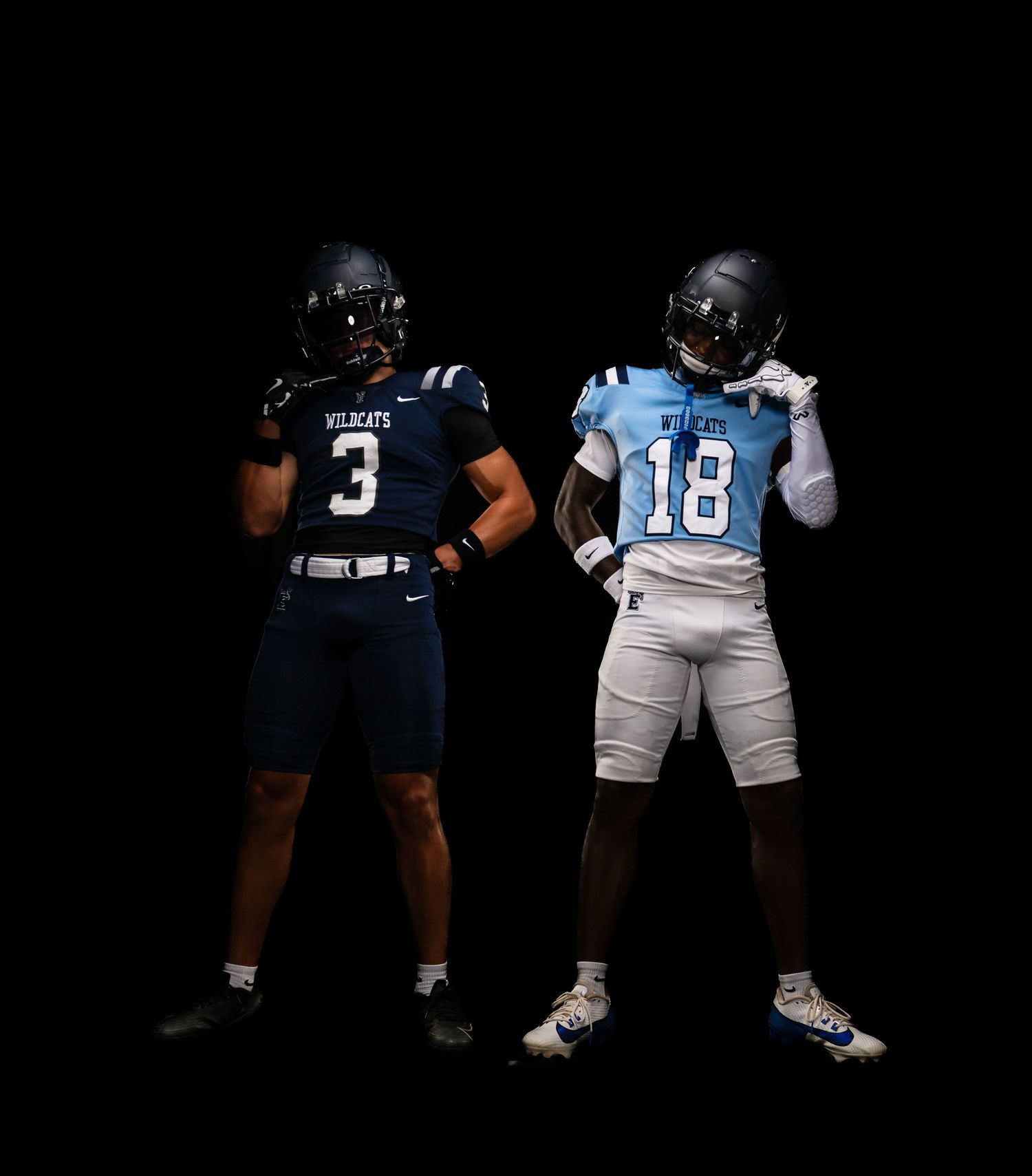 Two Wildcats football players pose in navy and light blue uniforms numbered 3 and 18 against a black background.