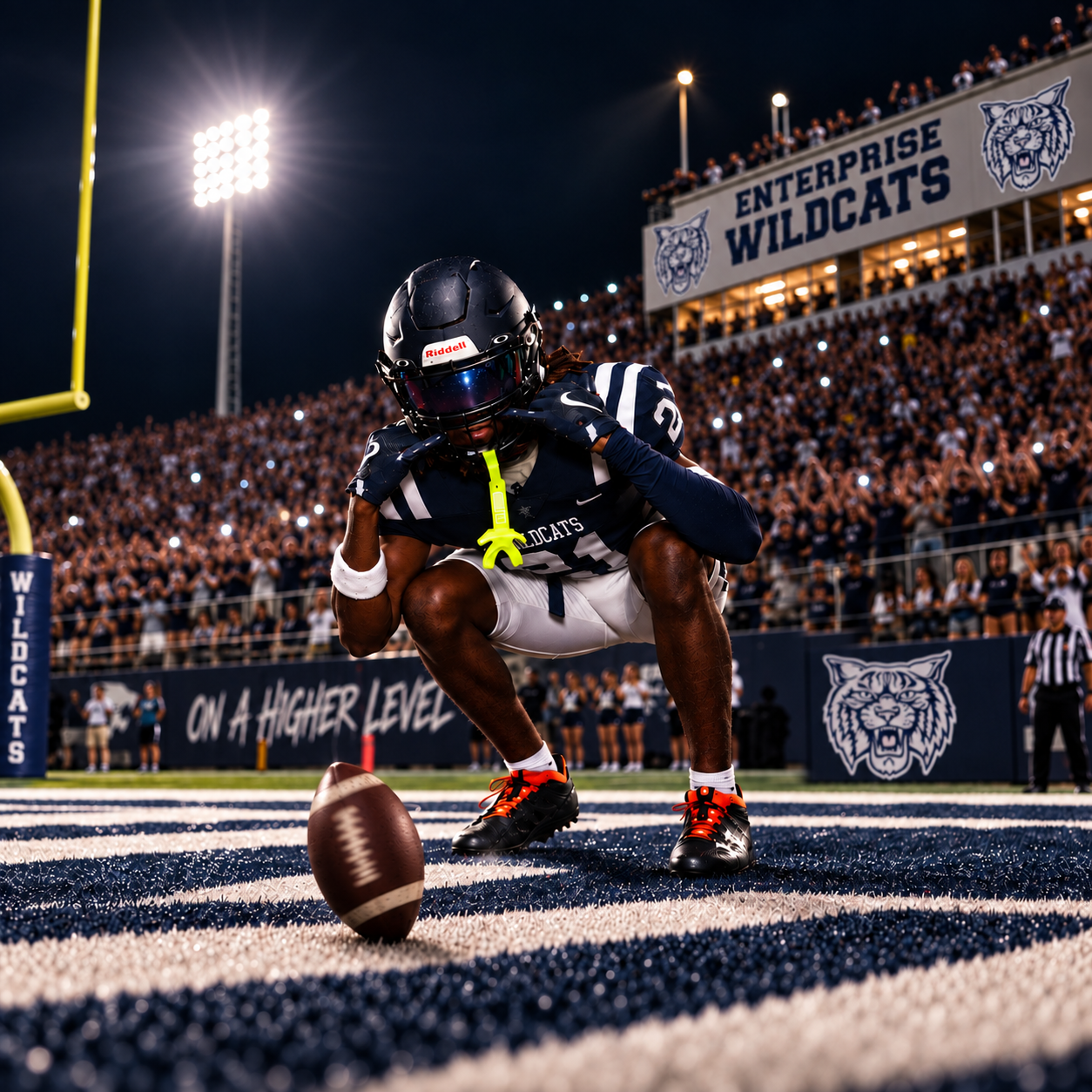 Enterprise Wildcats football player scoring a touchdown at a packed night game under bright stadium lights.