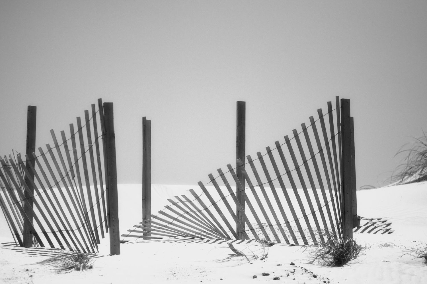 Minimalist black and white image of snow fences creating diagonal lines on a beach.