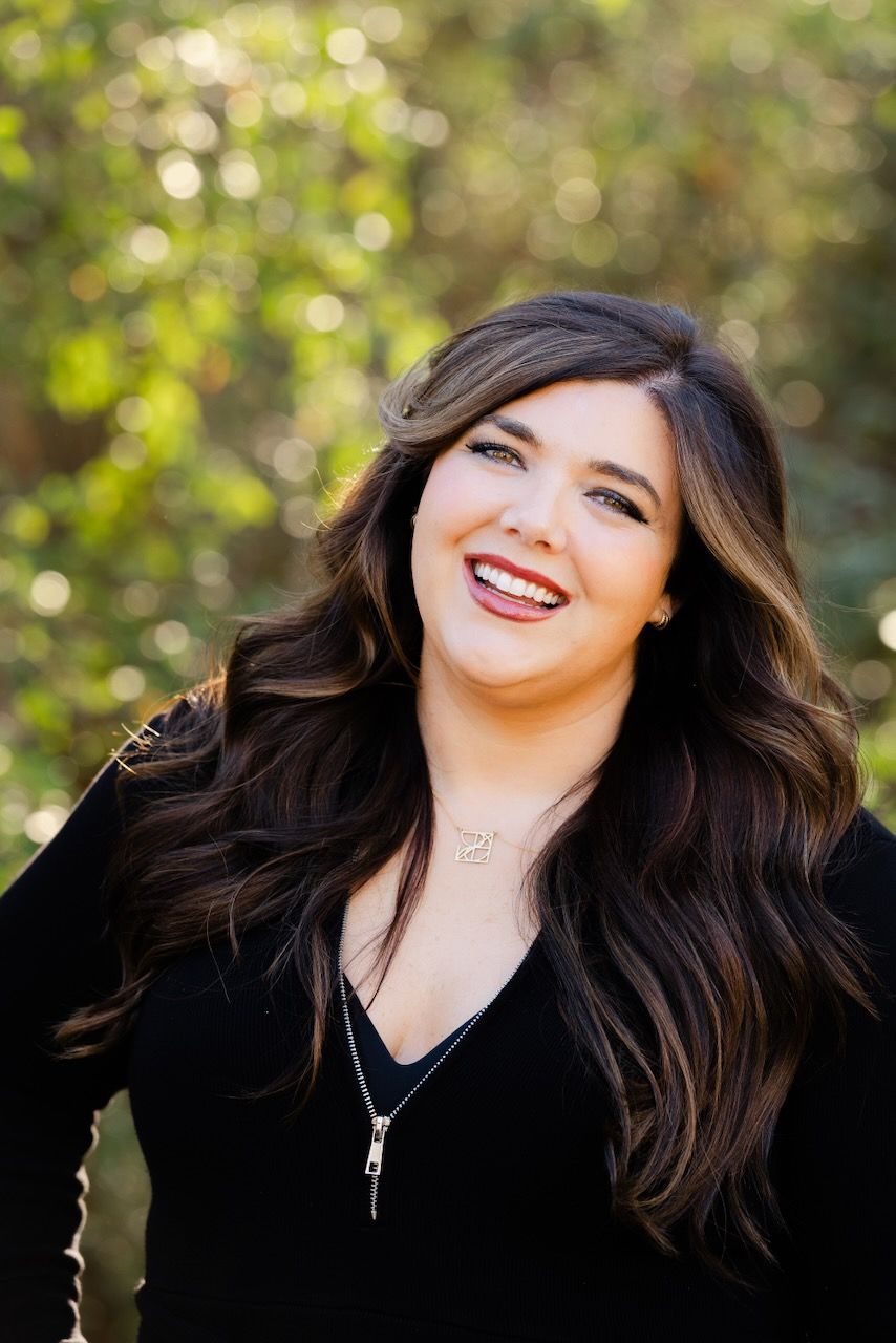 A series of portraits showing a person with dark wavy hair wearing black and smiling against a blurred green background.
